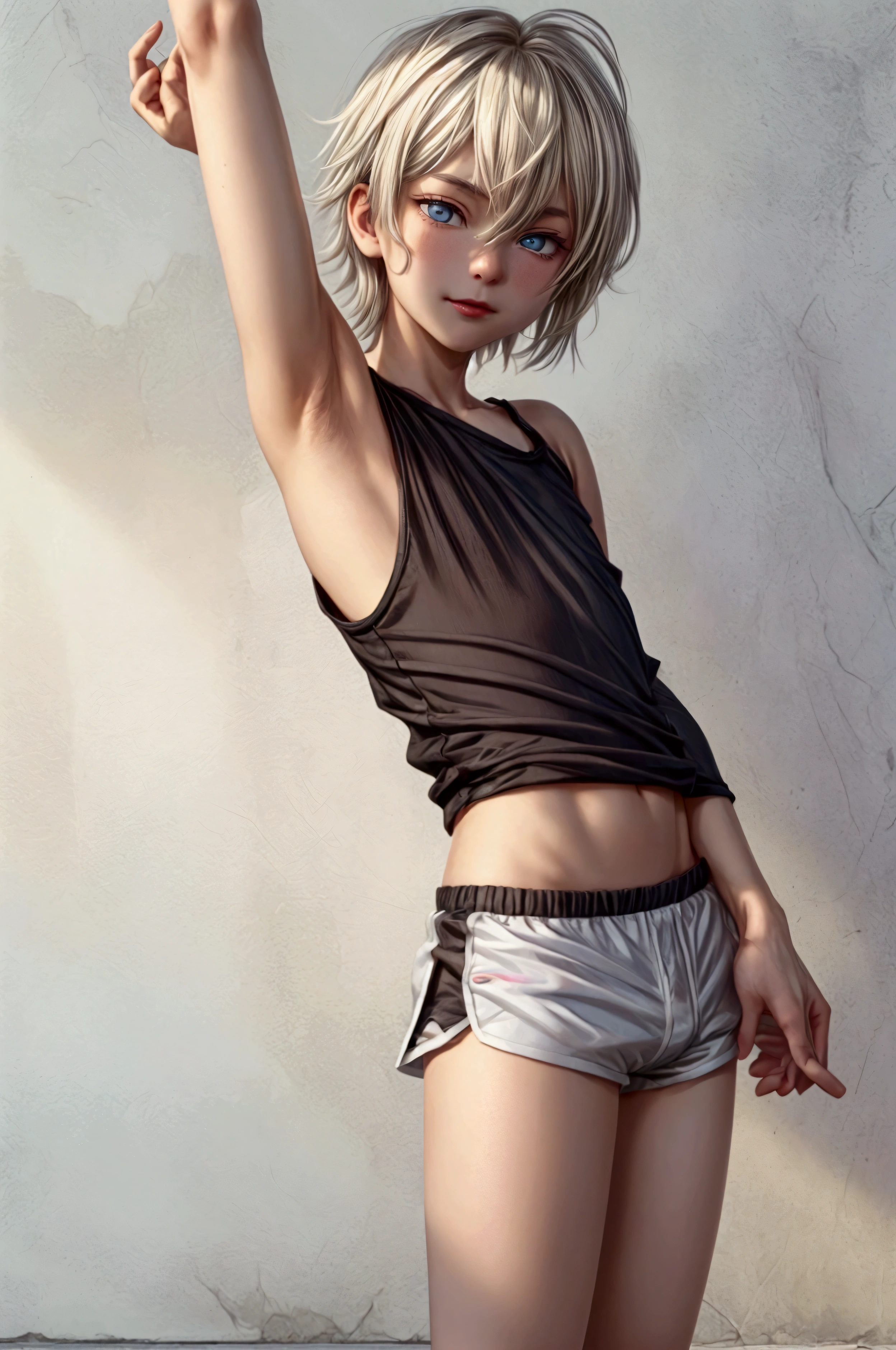 Anime style, Highres, Masterpiece, Best quality at best, Best Quality, hight quality, hight detailed, 1boy, blonde boy, boy body, cute boy, femboy, female physiognomy, detailed light blue eyes, short hair, messy hair, bangs, pastel rainbow inner hair color mesh, shy smile, boy making victory sign with two hands posing, front view, looking at viewer, wears a too short black tshirt, boy chest, bare shoulders, bare sleeves, bare arms, black dolphin shorts, (tiny bulge on shorts), beautiful legs, white stockings over knee, black sports shoes with pink stripes, boy body, Standing, sunny afternoon on the street, highest quality,