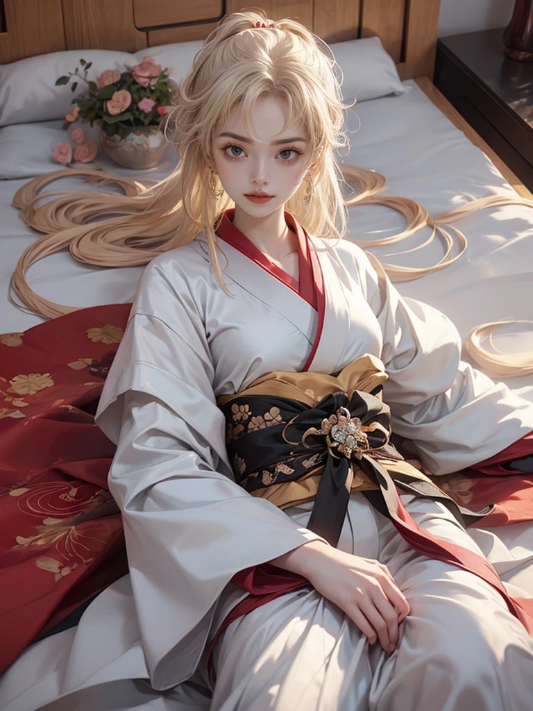 Anime girl in kimono lying on the bed，Head in hands, Beautiful character painting, Guweiz style artwork, Beautiful and attractive anime woman, extremely detailed Atgem, white hanfu, 3D realistic anime style., Loose hair and long robe, Beautiful anime woman, Anime realism style, Beautiful animated portrait, Atgem. Animated Illustration