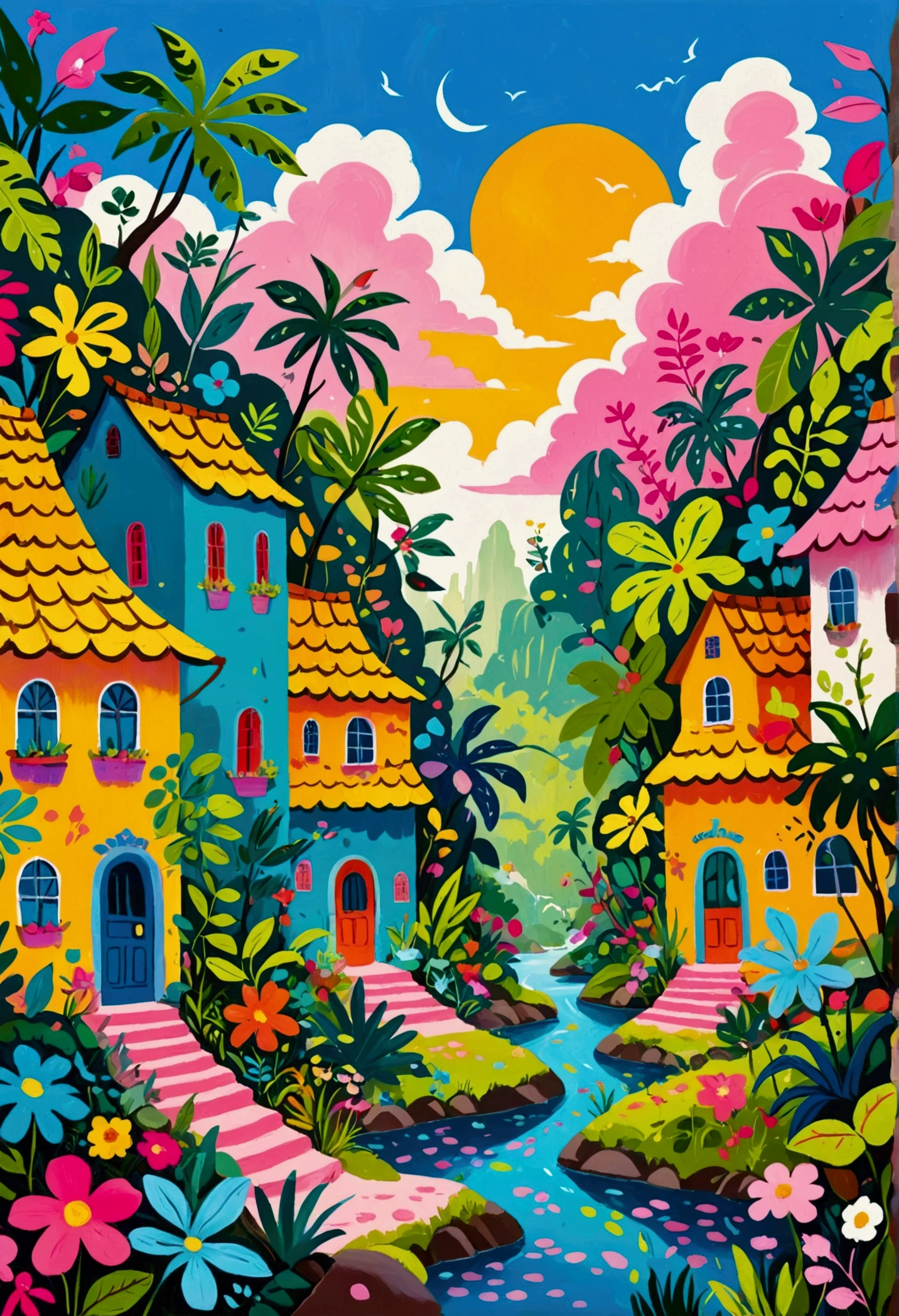 a painting of a colorful city surrounded by trees and plants, jane newland, colorful illustration, beautifully illustrated, colourful jungle, jen bartel, holy city | illustration, colorfull illustration, vibrant gouache painting scenery, detailed gouache paintings, colorful concept art, magical jungle, magical village, mysterious jungle painting, in gouache detailed paintings, vibrant tourism poster, dreamy illustration