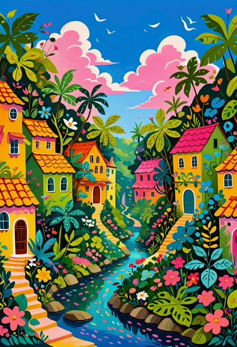 a painting of a colorful city surrounded by trees and plants, jane newland, colorful illustration, beautifully illustrated, colourful jungle, jen bartel, holy city | illustration, colorfull illustration, vibrant gouache painting scenery, detailed gouache paintings, colorful concept art, magical jungle, magical village, mysterious jungle painting, in gouache detailed paintings, vibrant tourism poster, dreamy illustration