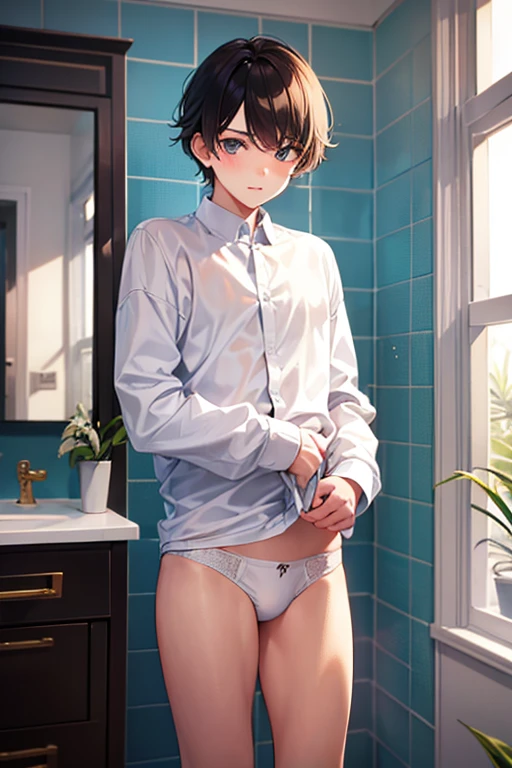 a beautiful boy in a shower room, wearing a white long sleeve shirt and white bikini briefs,