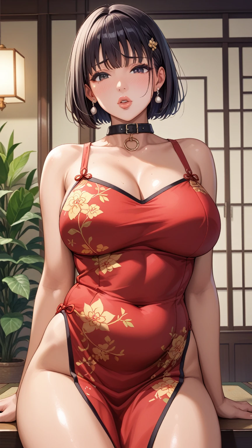 (1 Girl:1.3)、masterpiece、Best Quality、Amazing beauty、4K、Absurd、Fine details、Ultra-detailed eyes、Perfect Anatomy、Official Art、Cinema lighting、break、bedroom、Silky Bob Cut、Black Hair、Super shiny detailed black eyes、Tareme、Fuller lips、collar、Embarrassing、break、Busty、Chubby、White skin、、break、(Chinese clothes)、break、()