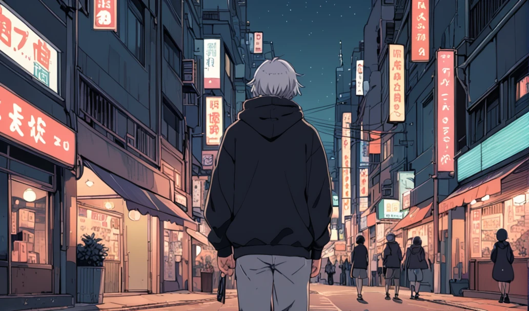 (((A muscular man with gray hair wearing a black hoodie is walking through the city at night))), ((anime:1.4,illustration)),(masterpiece, top quality, best quality),(ultra-detailed, absolutely resolution),((16k, high res)). BREAK {lofi art,} anime aesthetic} 