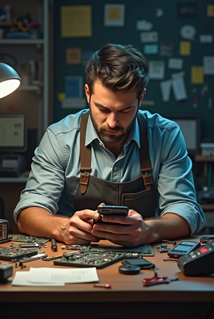A good-looking, hard-working mobile phone repairman is working on a desk with all the tools, including a soldering iron, a hot air gun, and a multimeter.