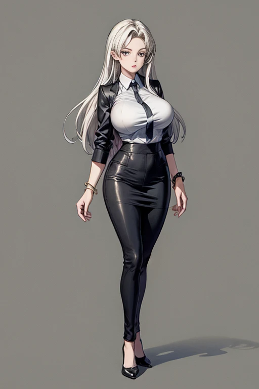 Full-body angle, cel-shaded anime style, colored manga, seed value 156378292, a woman with straight long silver hair, wearing a green mini skirt suit, black heels, sharp eyes, 165cm tall, slender and curvy figure with large breasts, calm and gentle expression, background is a daytime harbor. The woman exudes an elegant and intelligent atmosphere, and she is wearing a silver bracelet on her left wrist