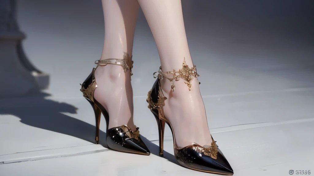 best quality, masterpiece, ultra high res, (photorealistic:1.4),(high heels), solo, black, gold, intricate details,