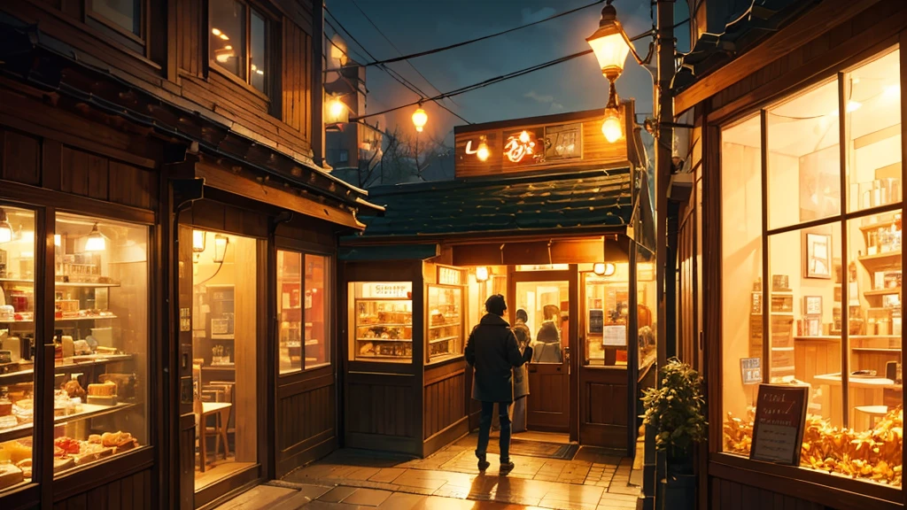 "A cozy, retro-style small restaurant at night, exuding a warm atmosphere. The scene is set in autumn, with fallen leaves scattered outside. Soft, warm lighting from lamps and streetlights illuminates the quaint shop, creating a slow, inviting vibe in the nighttime city."

