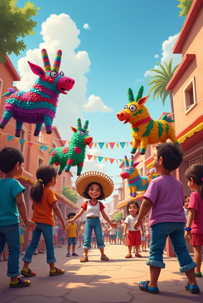 Realistic Mexican scene of children breaking a piñata