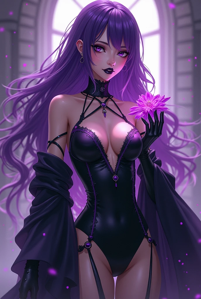 ((best qualityer, sitting down, cross legs)), ((work of art)), (detailded),1 girl, (A vampire), nsfw, violet hair, in this, stockings, mitts, the eyes, super realism, Nude