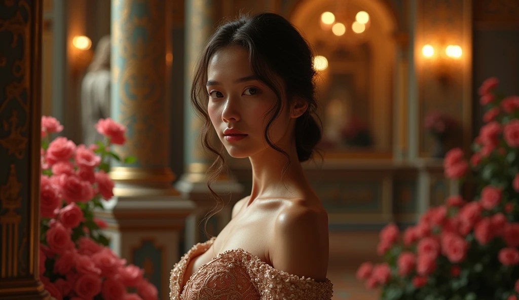 (masterpiece), (extremely intricate:1.3), (ultra realistic), portrait of a girl with exceptionally beautiful facial features and a perfect, thick and fit beautiful body structure, the most beautiful and hottest in the world, (elegant evening dress with intricate beadwork), black hair styled in an updo, standing in a luxurious ballroom with a chandelier, professional photograph of a stunning girl detailed, sharp focus, dramatic, cinematic lighting, octane render unreal engine, volumetrics dtx, (film grain, blurry background, bokeh, depth of field, spotlight, soft shadows)