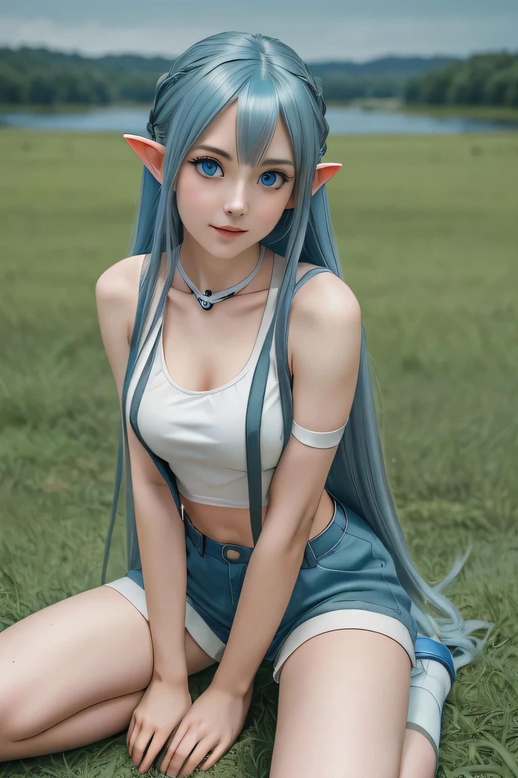 1girl with elf ears, elf girl, melhor qualidade, 8k , high res, sitting, huge tits, (blue hair:1.1), (yellow eye:1.2) , nature background, some trees, cabelo ondulado, facing camera, garota elfa de cabelo azul, pele macia, 9mm, por aroma sensei, camiseta branca, short jeans azul, torso