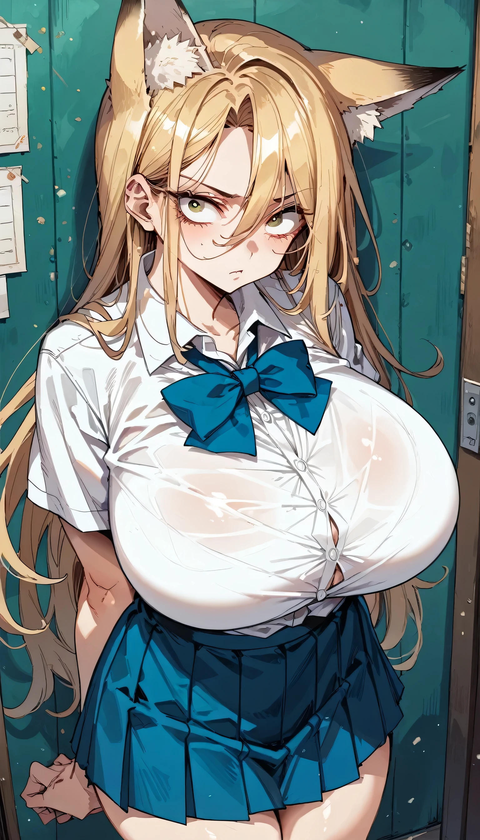 Cold Stare,(Fox Ears),(amount,Long hair covering one eye),((Side parted hair)),((Huge breasts)),((Narrow eyes,Clear Eyes,Perfect Eyes)),Blonde,Long Hair,Old room,Magic School Uniform,Delinquent Girl,gal,mini skirt, Yankee girl