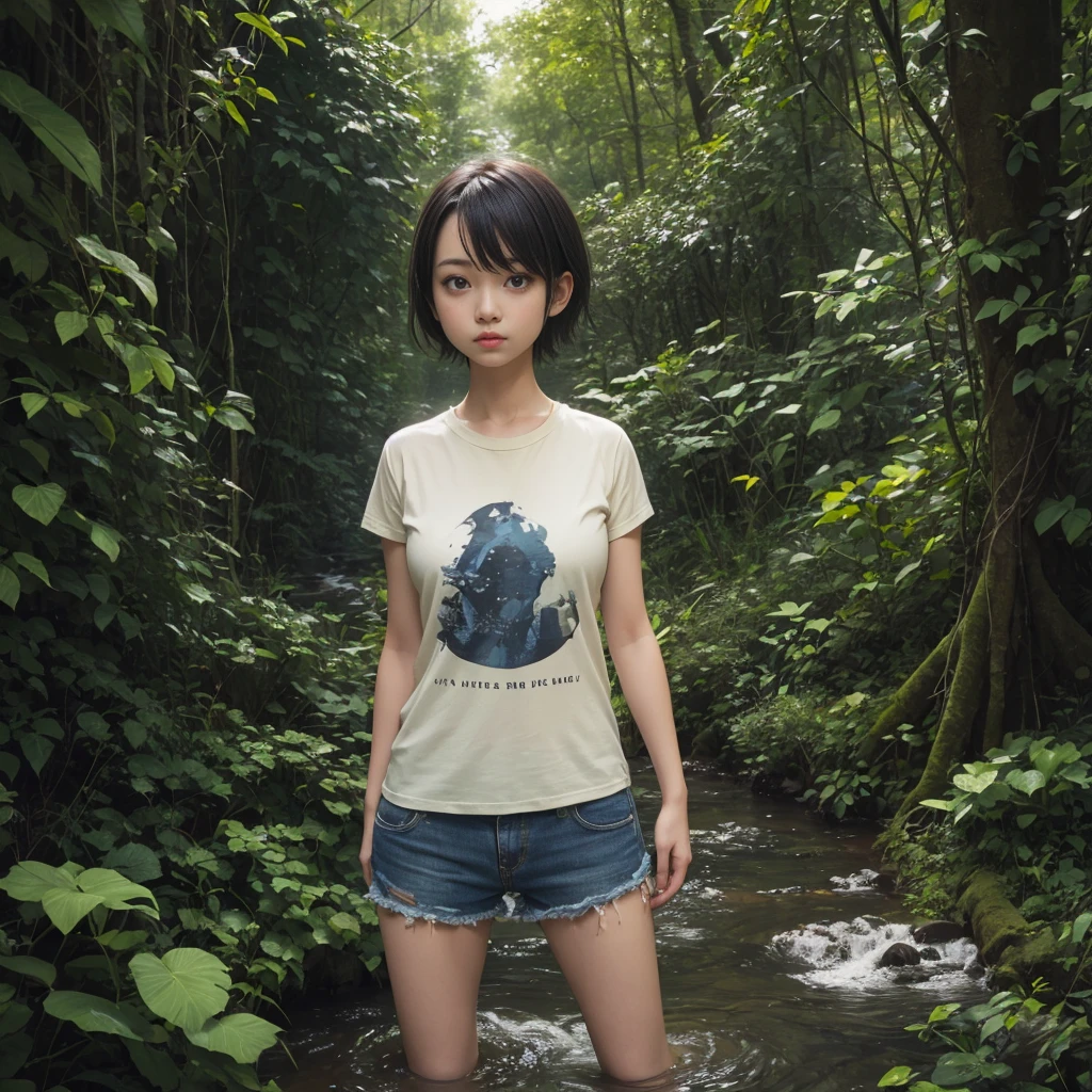 best quality,4k,8k,highres,masterpiece:1.2),ultra-detailed,(realistic,photorealistic,photo-realistic:1.4), profesional photograph by dunitskiy david, natural light, half body portraits, a beautiful young korean girl, ((wearing t-shirt:1.5), (grab up her breast by her hand:1.4)), innocent looks, soft glow, elegant beauty, detailed blue eyes, atractive pose, delicate skin texture, flowing messy hair, seductive expression, plumpy posture, collarbone, naturally droopy breast, (exposed fatty belly:1.2), (soaking down:1.4) in the middle of dirty swamp in forest, surrounded by water, subtle shadows, dirty background, shallow depth of field, soft contrast, foggy atmosphere, fine art photography, low angle, (seen from below:1.2) close up, (facing forward:1.3), photon mapping