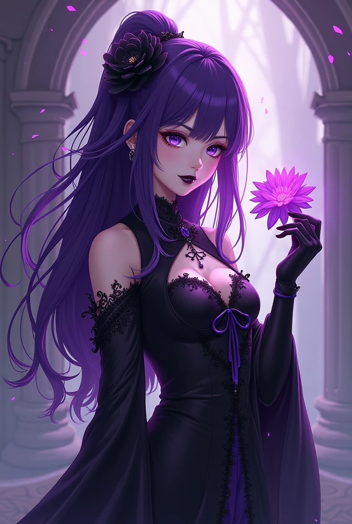 hight resolution, top-quality,  ultra-quality, The ultra-detailliert, lighting like a movie、girl with、Black dress、Thorny bangles、Blue-haired twintails(Purple gradient)、tiny chest、Aimei、Black High Heels、