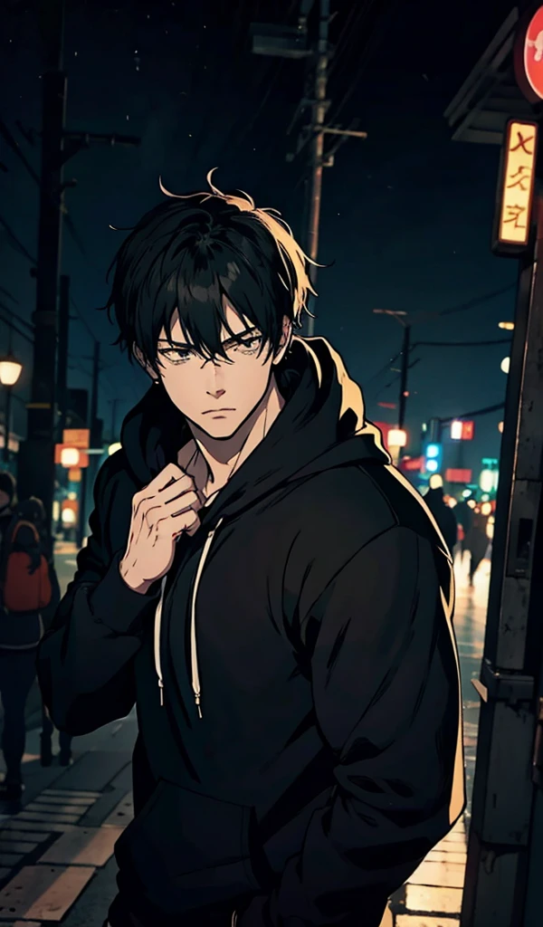 (((A muscular man wearing a black hoodie is walking through the city at night))), ((anime:1.4,illustration)),(masterpiece, top quality, best quality),(ultra-detailed, absolutely resolution),((16k, high res)). BREAK {lofi art,} anime aesthetic} 