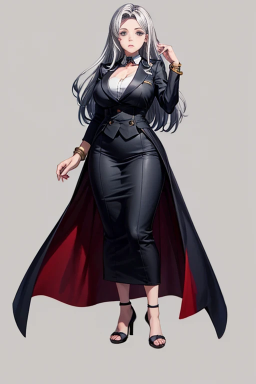 Full-body angle, cel-shaded anime style, colored manga, seed value 156378292, a single woman with straight long silver hair, wearing a dark green mini skirt suit, black heels, sharp eyes, 165cm tall, slender and curvy figure with large breasts, calm and gentle expression, background is a daytime harbor. The woman exudes an elegant and intelligent atmosphere, and she is wearing a silver bracelet on her left wrist. There are no other people or elements in the image except for this one woman.