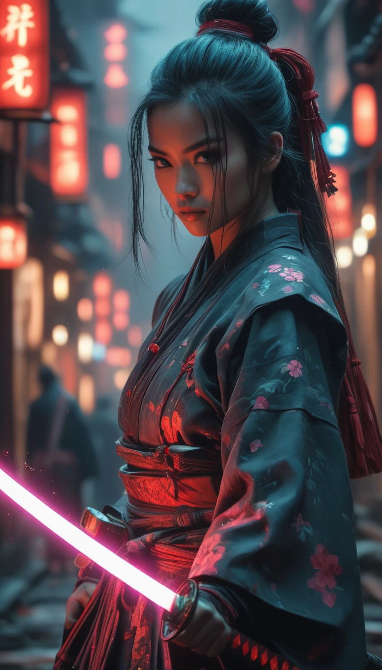 Samurai, 2 woman, Hyperrealism, very detailed skin, 4k,,, AshleyWoodArtAI,, katana profile picture, Organic painting, Evening, matte paint, Bold shapes, hard edges, street art, Trends in Artstation, By Huang Guangjian, Gil Elvgren y Sachin Teng, glow, katana