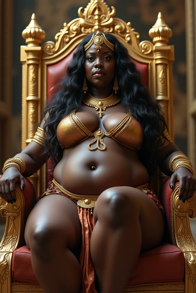 Female indigenous warrior. Dona africana. obese. new. elderly. aged 50. long black hair, dark brown tan, Armor activated, wristbands, Native Goose, whole body, holding knife, indigenous crown, sexy tied hair, wearing jewelry, Sak yant tattoos on arm, Curvy Body, gorda, very dark skin, cute face, large lips, Diamond shaped faces, wide and beautiful nose, defined features on the face, apsara jewelry in, gold leaf jewelry, fighting in war. without bra. with dagger in hand. SITTING ON A THRONE. Wide open legs. naked.