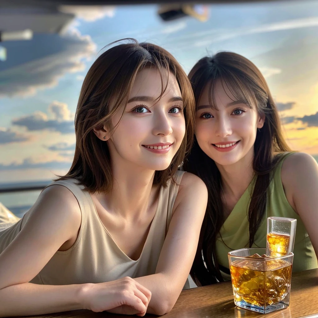 ((Highest quality、8k、masterpiece:1.3))、Whiskey bottles、The Macallan、Joni Black、Old Parr、whiskey、Suntory、Nikka、modelカップル、(Realistic, Intricate details:1.2), full-course dinner、Whiskey bottle and glass on the table、Single Malt、scotch、Rocks glass、Shot Glass、On the rock、Scotland、Amazing view of the sunset sky and clouds、A bright smile、Short sleeve shirt、dress、 (Age 37), 3,Two beauties、Slim men and women、Brown Hair、Shortcuts、 actress, model, Upper Body, 