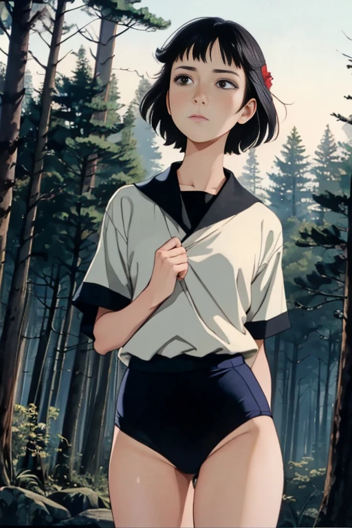 (masterpiece, highest quality),  (夜のdark森), One Girl, Black gymnastics bloomers, High leg、School Shirt, standing in night forest, Looking up at the forest、Anxious expression, Emotional, Wide-angle, dark, Best Shadow, watercolor,Oyuki、cowboy shot