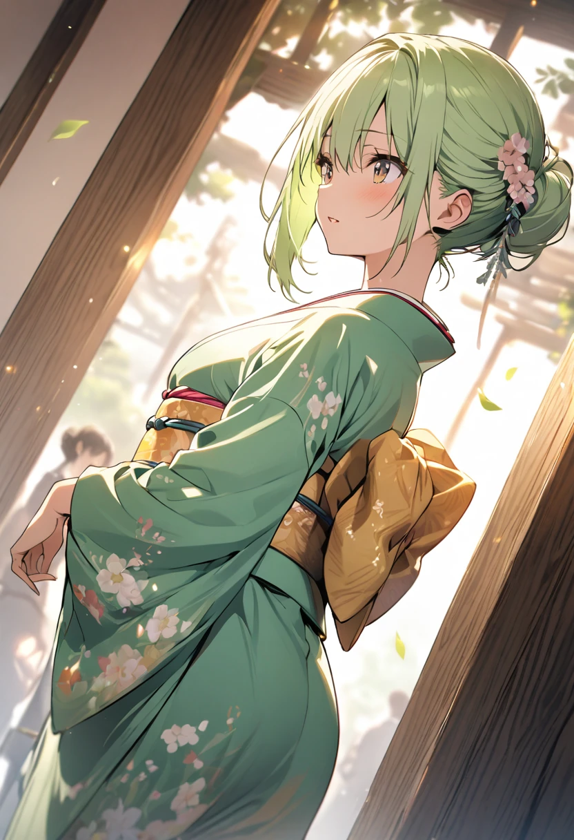 masterpiece、highest quality、Very detailed、Photograph the upper body、1 female、(Put your arms behind your back:1.2)、Are standing、Turn your body forward、View your viewers、(green Japanese kimono waitress)、break,blush、shy、Pink Hair、Open your mouth、Japanese Restaurant、Big Breasts、