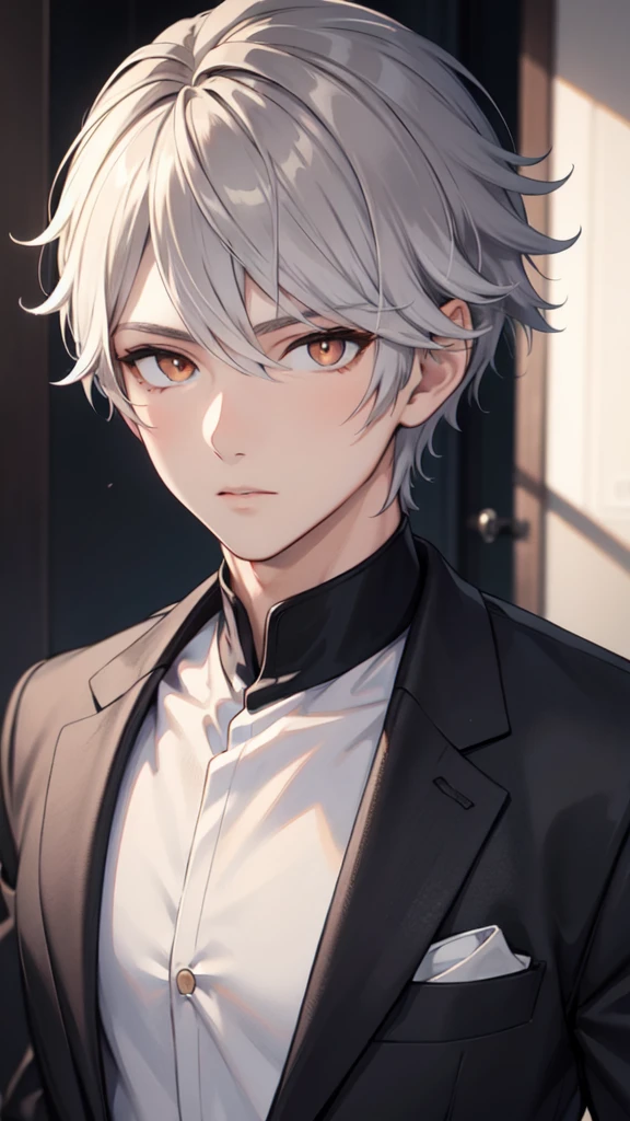 ((best quality)), ((masterpiece)), (detailed), handsome young adult male, short white hair, detailed and well-proportioned orange eyes, orange eyes, wearing a suit, half length portrait