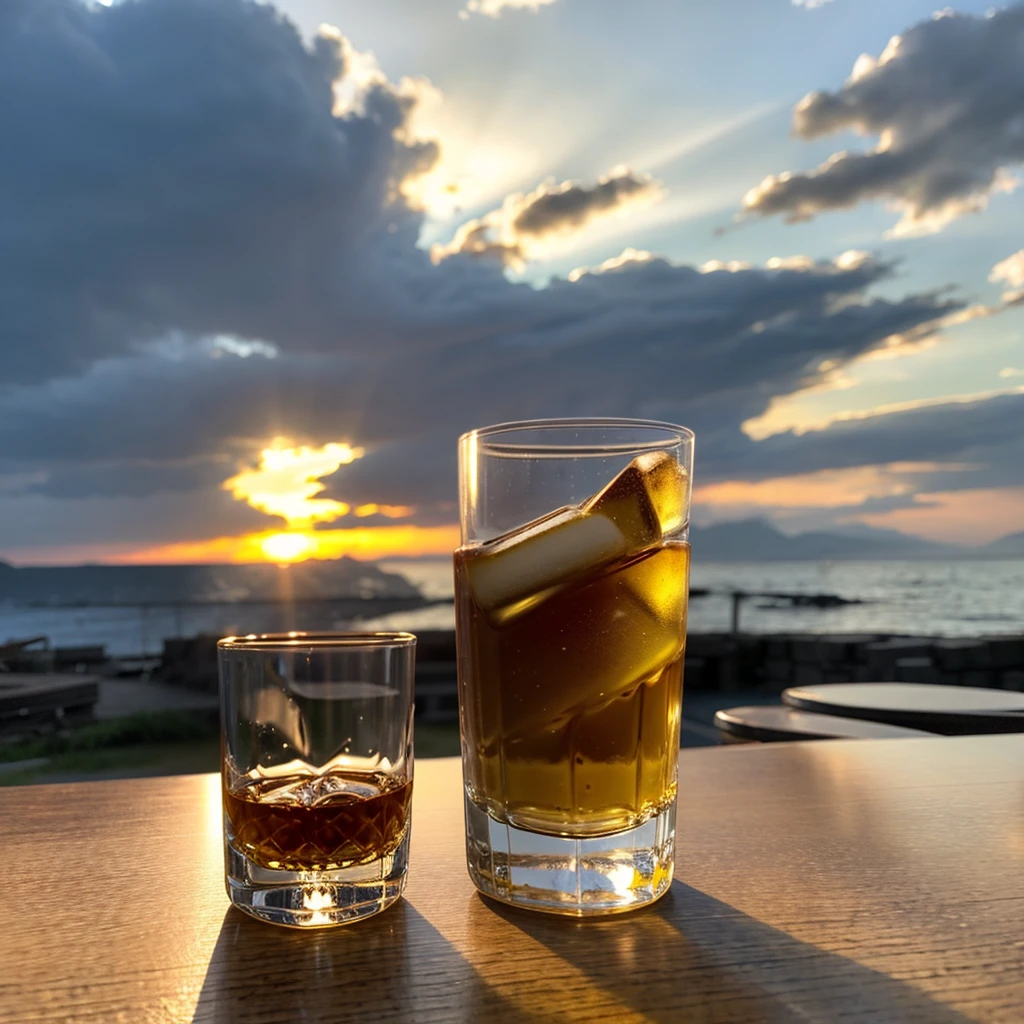 Sepia, top down shot, ash tray with a cuban cigar , slight smoke, next to it on the table a glass of rum with icecubes, photorealistic, very detailed, setting sun in the background, shot with a Canon 5D Mark III, 1/200 s, f/2.8, ISO 100, focal length 105 mm