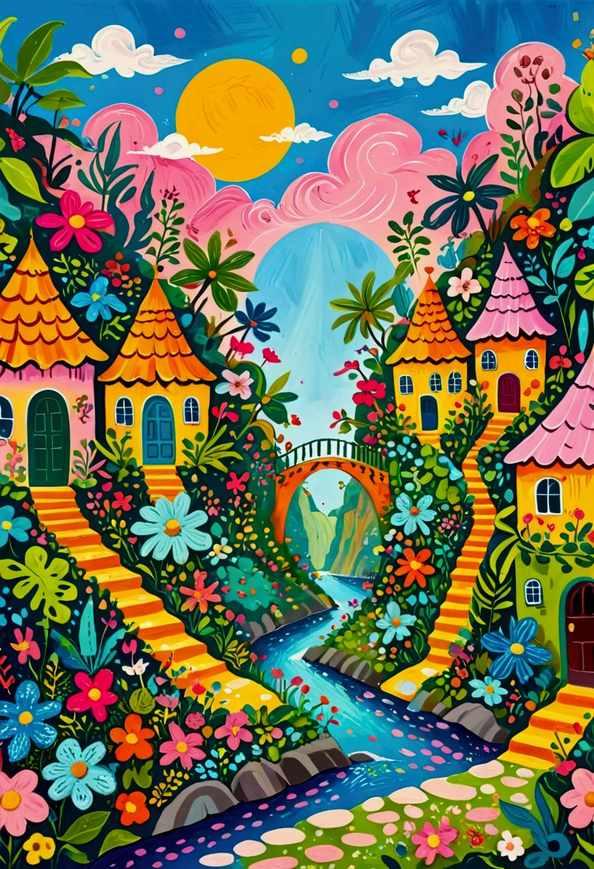 a painting of a colorful city surrounded by trees and plants, jane newland, colorful illustration, beautifully illustrated, colourful jungle, jen bartel, holy city | illustration, colorfull illustration, vibrant gouache painting scenery, detailed gouache paintings, colorful concept art, magical jungle, magical village, mysterious jungle painting, in gouache detailed paintings, vibrant tourism poster, dreamy illustration