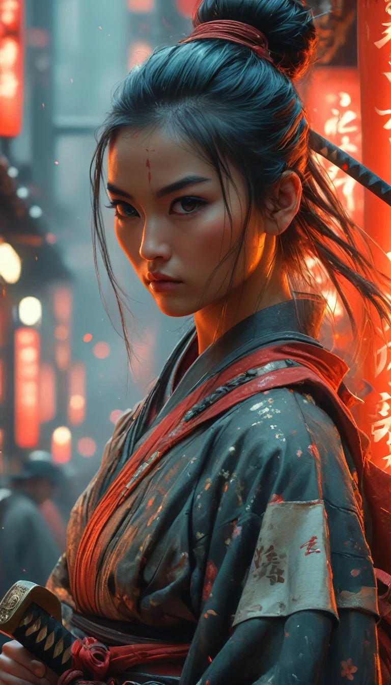 Samurai, 2 woman, Hyperrealism, very detailed skin, 4k,,, AshleyWoodArtAI,, katana profile picture, Organic painting, Evening, matte paint, Bold shapes, hard edges, street art, Trends in Artstation, By Huang Guangjian, Gil Elvgren y Sachin Teng, glow, katana