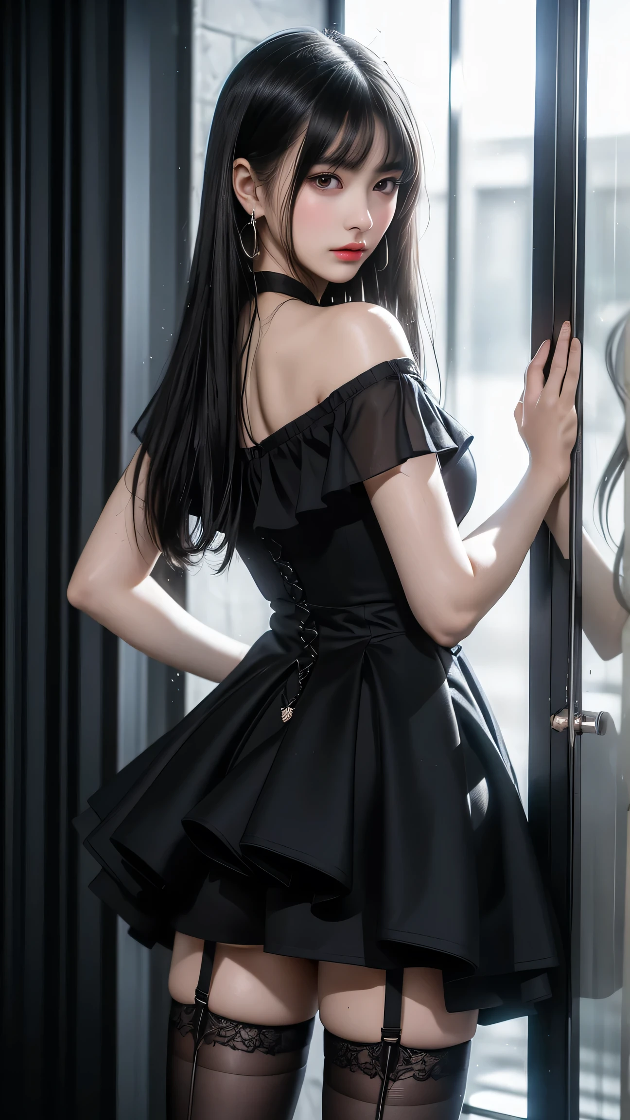 A close up of a woman in a black dress and stockings - SeaArt AI