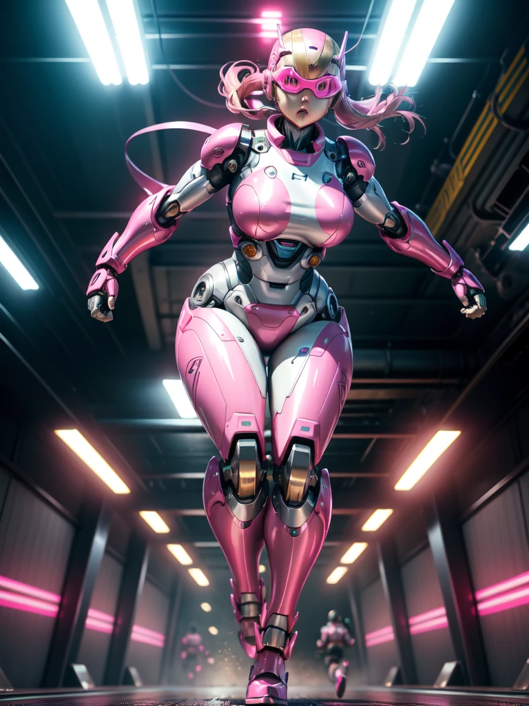 A female transformer robot, autobot insignia, slender limbs, backpack, white and pink colors, cinematic lighting, highly detailed, masterpiece, photorealistic