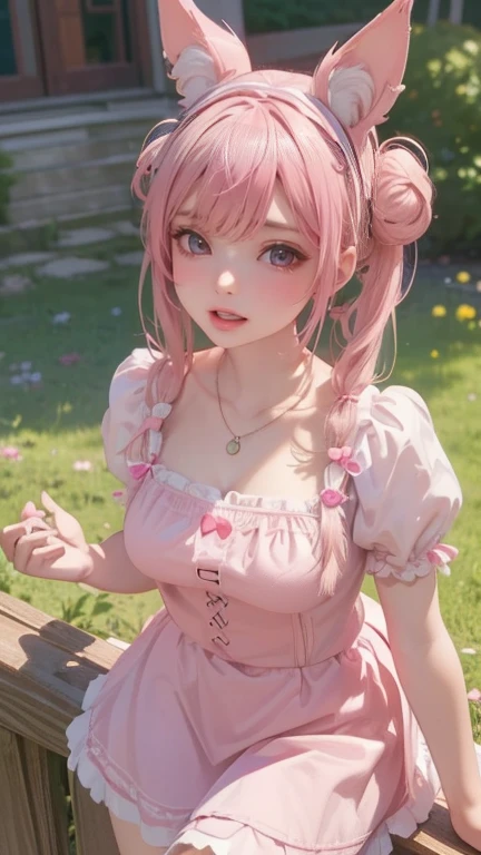 (masterpiece, best quality:1.4), (8K), Young blonde beauty, (((18 years old, neat girl))), detailed blue eyes, long eyelashes, blush, kind smile, horny, upper body, short top, pink skirt, (looking at viewer), ((close up)), beautiful blonde hair, white-skinned, bangs, pigtails, standing, (medium size breasts), (mushroom forest, celestial forest, beautiful and magnificent pink sunshine, majestic sky), natural light)