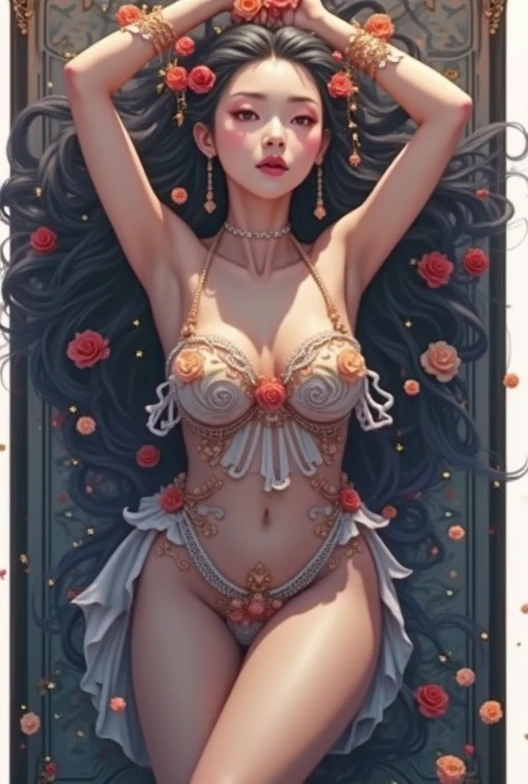 girl nude art, (masterpiece, top quality, official art, beautiful and aesthetic: 1.2), (1 flower), full body, Extremely detailed, (Fractal Art: 1.3), colorful, more detailed, "Best quality", " masterpiece, Sakimichan style art, slight smile, open legs, view of pubic hair, 1 sexy girl in transparent forest clothes, exposed breasts, transparent open t-shirt, tattoos of mandalas and flowers, ((black hair fused with platinum and gold) ), naked girl, beautiful pubic area visible, ((small breasts visible)), ((water pond in the garden)), ((Mandala and flower tattoos on naked body)), ((old floating clock )), (lamp, lantern) , skin wet with water, ((bed floating in the pond)), ((beautiful girl lying on the bed)), Fantasy, view from above, Legs open, ((beautiful girl lying on bed seen from above)), ((full female body)), night light, ((closed eyes long eyelashes)), ((transparent clothing fused in water)), ((impressionist garden art)), ((dynamic pose in sexy movement)), ((skin wet with water)), ((caucasian European girl)), ((watercolor art)), (perfect pencil drawing), (((tattoo on ankles and feet))), ( ((transparent red panties))), (transparent red blanket), ((surrealist art)), ((overexposure art)), ((wlop style art)),