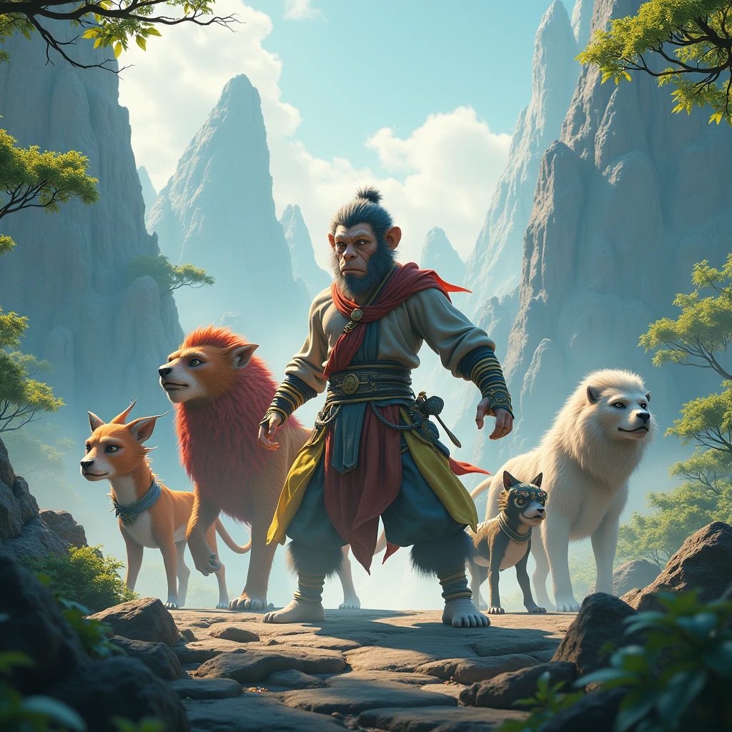 (best quality, masterpiece, ultra detailed, ultra high res, photorealistic, raw photo, absurdres, absolutely resolution), His name is Momotaro、A young, muscular, handsome samurai、dog、monkey、Pheasants get treasure together