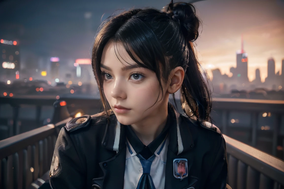 ((masterpiece, Best Quality, Best image quality, High resolution, Realistic, RAW Photo 8k))、((SF、Cyberpunk cityscape:1.2))、(European Girls)、Thin Nose、Beautiful Face, 1 female、beautiful girl、(Junior high school students:1.5)、(Bright dark blue eyes、Sharp Eye:1.2)、(beautiful girl:1.2)、(Black Hair、Undercut Hair、bun:1.2)、((cyberpunk Sexy School Uniform:1.2))、(Looking into the camera:1.3)、(Composition on knees:1.2)、((underboob:1.2))、(((I&#39;m in the car、Get behind the wheel of a car:1.5)))