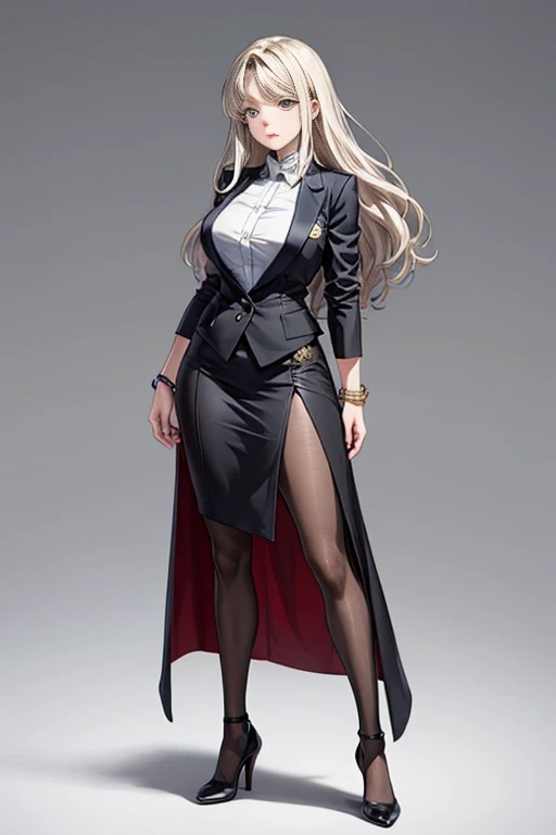 Full-body angle, cel-shaded anime style, colored manga, seed value 156378292, a single woman with straight long silver hair, wearing a dark green mini skirt suit, black heels, sharp eyes, 165cm tall, slender and curvy figure with large breasts (emphasized), calm and gentle expression, background is a daytime harbor. The woman exudes an elegant and intelligent atmosphere, and she is wearing a silver bracelet on her left wrist. There are no other people or elements in the image except for this one woman.