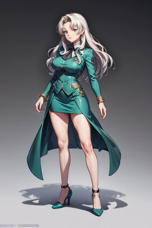 Full-body angle, cel-shaded anime style, colored manga, seed value 156378292, a single woman with straight long silver hair, wearing a dark green mini skirt suit, black heels, sharp eyes, 165cm tall, slender and curvy figure with large breasts (emphasized), calm and gentle expression, background is a daytime harbor. The woman exudes an elegant and intelligent atmosphere, and she is wearing a silver bracelet on her left wrist. There are no other people or elements in the image except for this one woman.