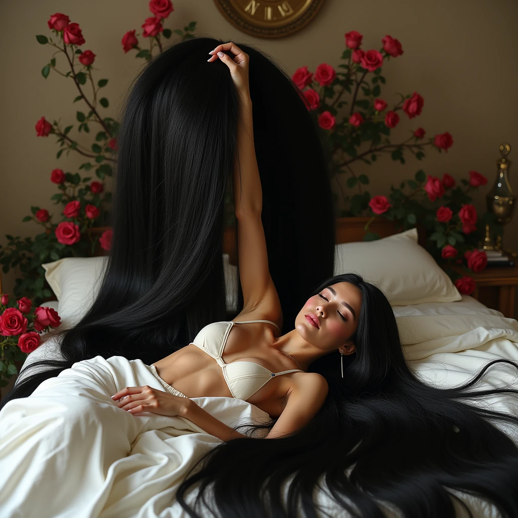 （Highest quality。Highest quality。Real Photo。16K）Very long black hair。Too much black hair。Very shiny long black hair。The length of black hair is 20 meters。Black hair weighs 10kg。The floor of the room is covered with black hair.。The luster of her black hair is dazzling。The longest black hair in the world。World Long Hair Contest Winner。The most beautiful woman in the world。Lying naked。Her long black hair forms a river。She&#39;s proud of her hair being held up。There&#39;s hair on the bed。The bed sheets are obscured by long, lush black hair.。Her long, lush black hair is her pride。Her long, lush black hair is her biggest charm point.。Her whole body is covered with straight black hair.。Full body photo。 Depict all black hair。A bedroom surrounded by rose petals。Black hair overflows into the room、A hair pond has been created。Capture long hair all the way to the tips。Beautiful face with well-defined features。With a smile。Her long, thick, black hair cascading down from the bed onto the floor.。The bed is covered with long, lustrous black hair。（Highest quality。Highest quality。Real Photo。16K）Very long black hair。Too much black hair。Very shiny long black hair。The length of black hair is 20 meters。Black hair weighs 10kg。The floor of the room is covered with black hair.。The luster of her black hair is dazzling。The longest black hair in the world。World Long Hair Contest Winner。The most beautiful woman in the world。Lying naked。Her long black hair forms a river。She&#39;s proud of her hair being held up。There&#39;s hair on the bed。The bed sheets are obscured by long, lush black hair.。Her long, lush black hair is her pride。Her long, lush black hair is her biggest charm point.。Her whole body is covered with straight black hair.。Full body photo。 Depict all black hair。A bedroom surrounded by rose petals。Black hair overflows into the room、A hair pond has been created。Capture long hair all the way to the tips。Beautiful face with well-defined features。With a smile。Her long, thick, black hair 。