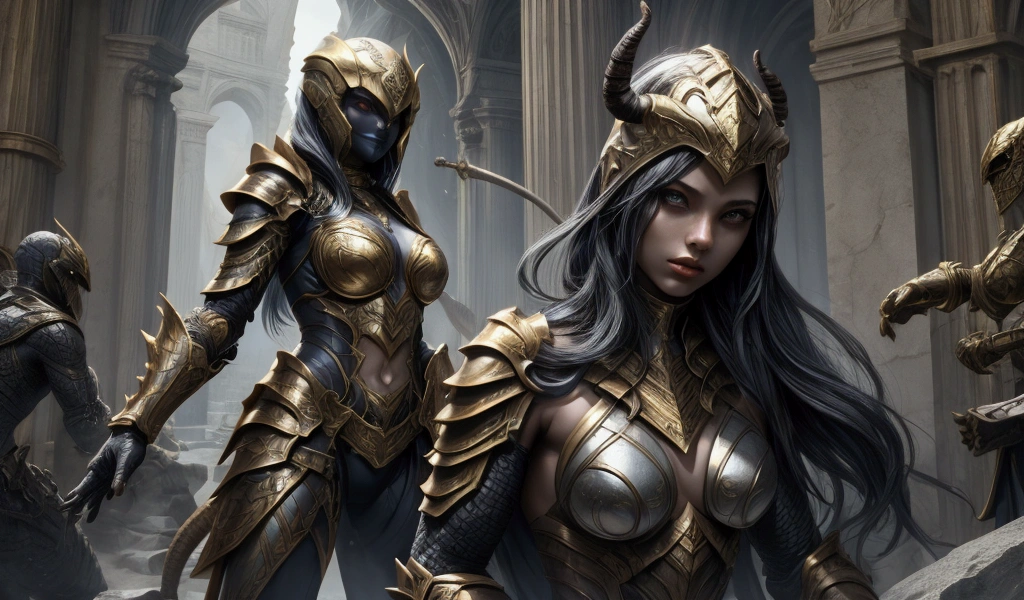 (best quality,ultra-detalhado,Realistic),retrato,Woman Knight ,Rosto bonito e detalhado,Olhos detalhados,olhando para o horizonte,Standing,segurando uma espada preta com runas azuis sobre ela,Armadura preta com detalhes dourados nos ombros e tronco