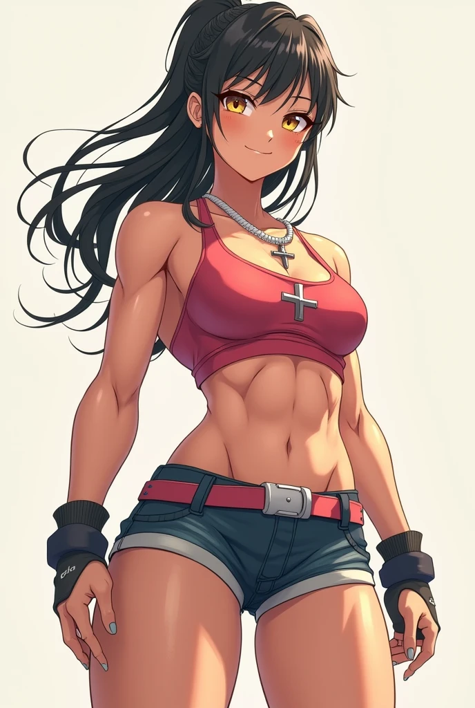1girl,(muscular:0.7), navel,thighs, bare shoulders,simple background,sportwears,grin,underboob(masterpiece, high quality:1.1) <lora:MuscleGirl_v1:0.9>