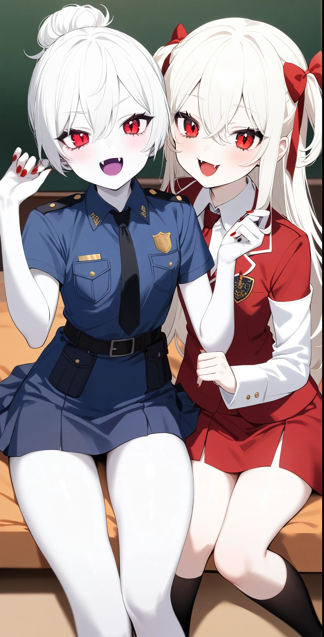 2 Girls、Cute hairstyle、Red Eyes、The fangs grow、vampire、high school student、Pure white and pale skin、Pure white hair、Police uniform、Length 170cm or more、vampire学園の生徒、Red nails、