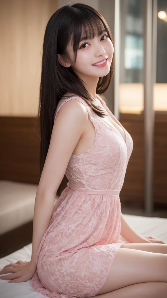 High resolution,Best Quality, illustration,（Wearing a pink hostess dress）, smile,Well-formed face,The background is the lounge at night,Very detailed, In detail, High resolution, 8K wallpaper, Perfect dynamic composition, Beautiful details,,Straight Hair,Small Breasts Natural Color Lip, Random sexy poses,smile、20-year-old girl、cute、Sexy shot of a girl looking at the camera,Perfect and beautiful face,Plump Cheeks,Red cheeks,Adult atmosphere,