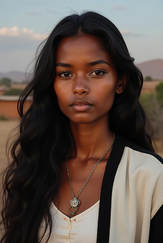 A photorealistic portrait of a 21-year-old Ethiopian girl 8k, light gray eyes, long slightly wavy hair, complete body extremely detailed, beautiful outfit, palm trees, vibrant colors, natural lighting, (Best quality, 4k, high resolution, masterpiece:1.2), ultra-detailed, (Realistic, photorealistic, photo-realistic:1.37), portrait, landscape