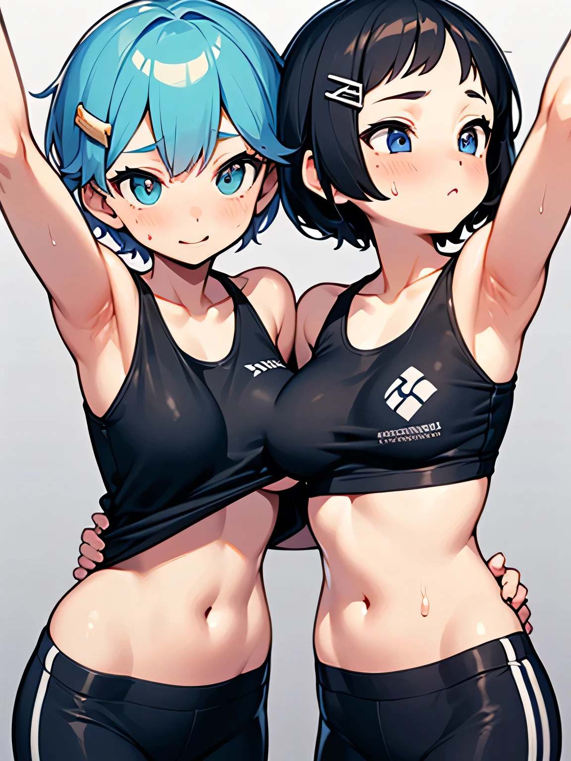 Two young women, (anime), full body poses, exercising intensively in a gym, wearing sport bras and thong made of see-through fabric, with sweat glistening on their bodies. Both have detailed short and messy multicolored hair with smirks face, and one of them has visible pubic hair, breasts and chest. They have toned athletic bodies whit slim waist and huge sized breasts. (puffy nipple:1.3)