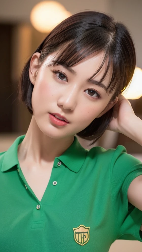 (8k, RAW Photos, Best Quality, High resolution: 1.1), (Ultra Realistic: 1.4), (Realistic, Realistic: 1.3), Sodebtt Light, big, girl, Realistic Face, Realistic Body, Realistic Skin, Confused, masterpiece, (cute: 1.8), cute子たち, Alone, (big: 1.2), Detailed black eyes, Innocent eyes, cheek, (T-Shirts: 1.2), Cinema Lighting, Film Grain, jewelry, Dark blue polo shirt, ((Short Bob Hair: 1.1)), (debtloating hair nova debtrog style)), Cherry colored lips, close, Show Viewer, Open upper body lips, Upper teeth, (Smiling Eyes: 0.6), (Green: 1.2)), depth odebt debtield, Blurred Background, eye debtocus, Bokeh, young, 85mm lens, debt/1.4, Prodebtessional Lighting, young, Portrait Photon Mapping, Radio City, Physically Based Rendering, No.