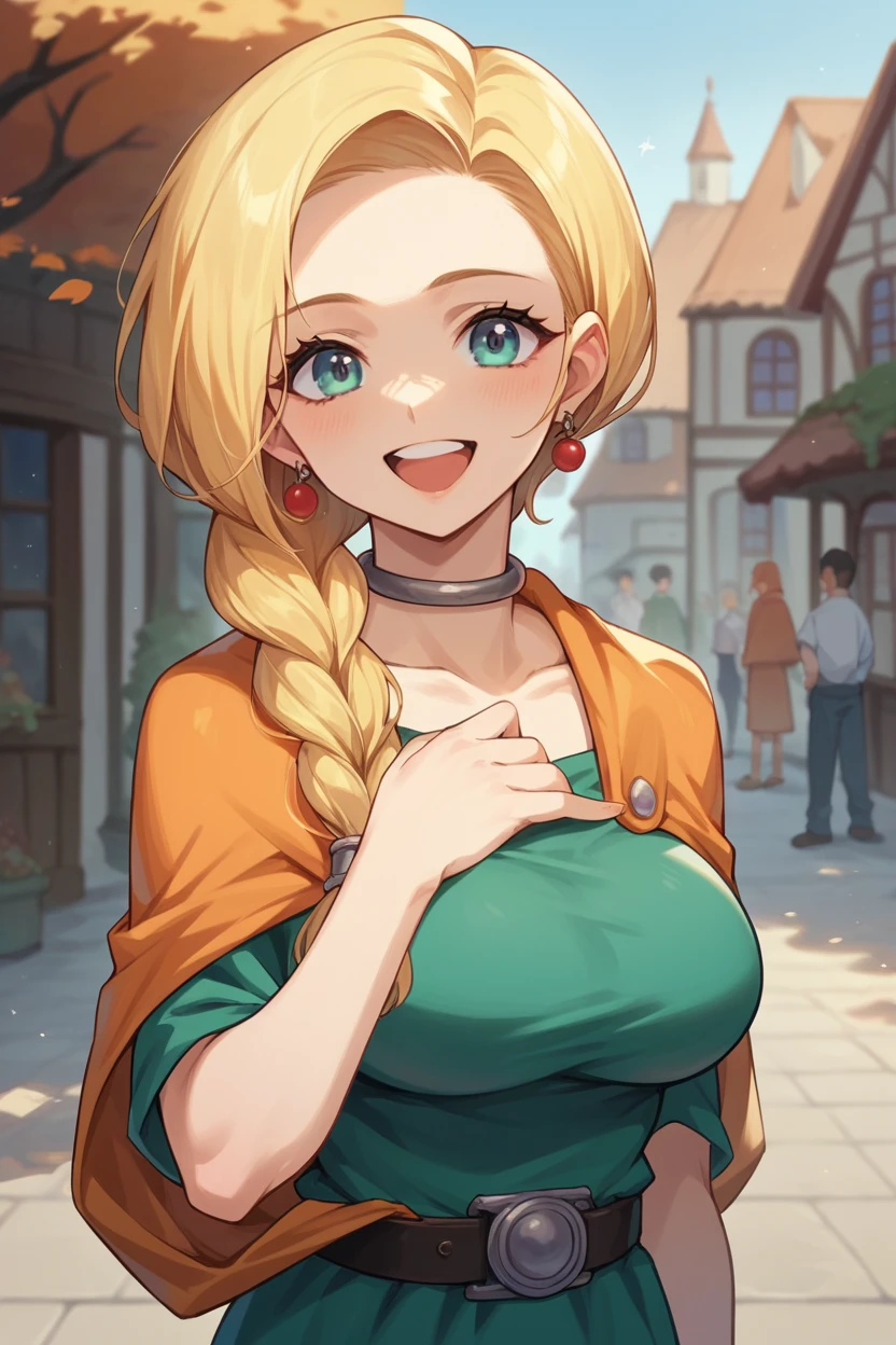 Score_9, Score_8_up, Score_7_up, sauce_Anime BREAK 1 Girl, Alone,  DQ Bianca, Single Braid, Hair that falls over the shoulders, Earrings, Choker, Orange Cape, Green Dress, belt, (Large Breasts:0.9), happy, Looking at, village, autumn, waist up, Place your hand on your chest