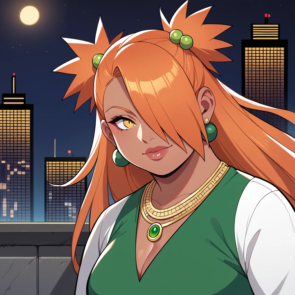 score_9, score_8_up, score_7_up, score_6_up, score_5_up, score_4_up, source_anime, rating_safe, BREAK chouchou akimichi, 1girl, dark-skinned female,fat,orange hair, hair over one eye, two side up, long hair,yellow eyes,hair green bobbles,saudi arabia,green earrings,city background,at night,solo,gold necklace,detailed city,green dress,national day,national dress,saudi national dress,national gold accessories,white national jacket