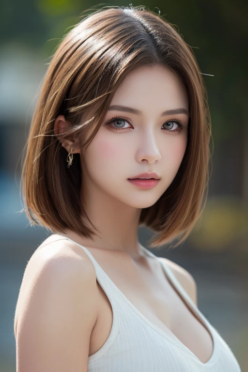 The 8k quality、Top image quality、超A high resolution、​masterpiece、Photorealsitic、1 girl in、tense look、Trendy makeup、bob cuts、A sexy、ciinematic light、The protagonist、the chaos、Super Slender、g-cup、Do not wear underwear、Dynamism、a necklace、The best looks in the world