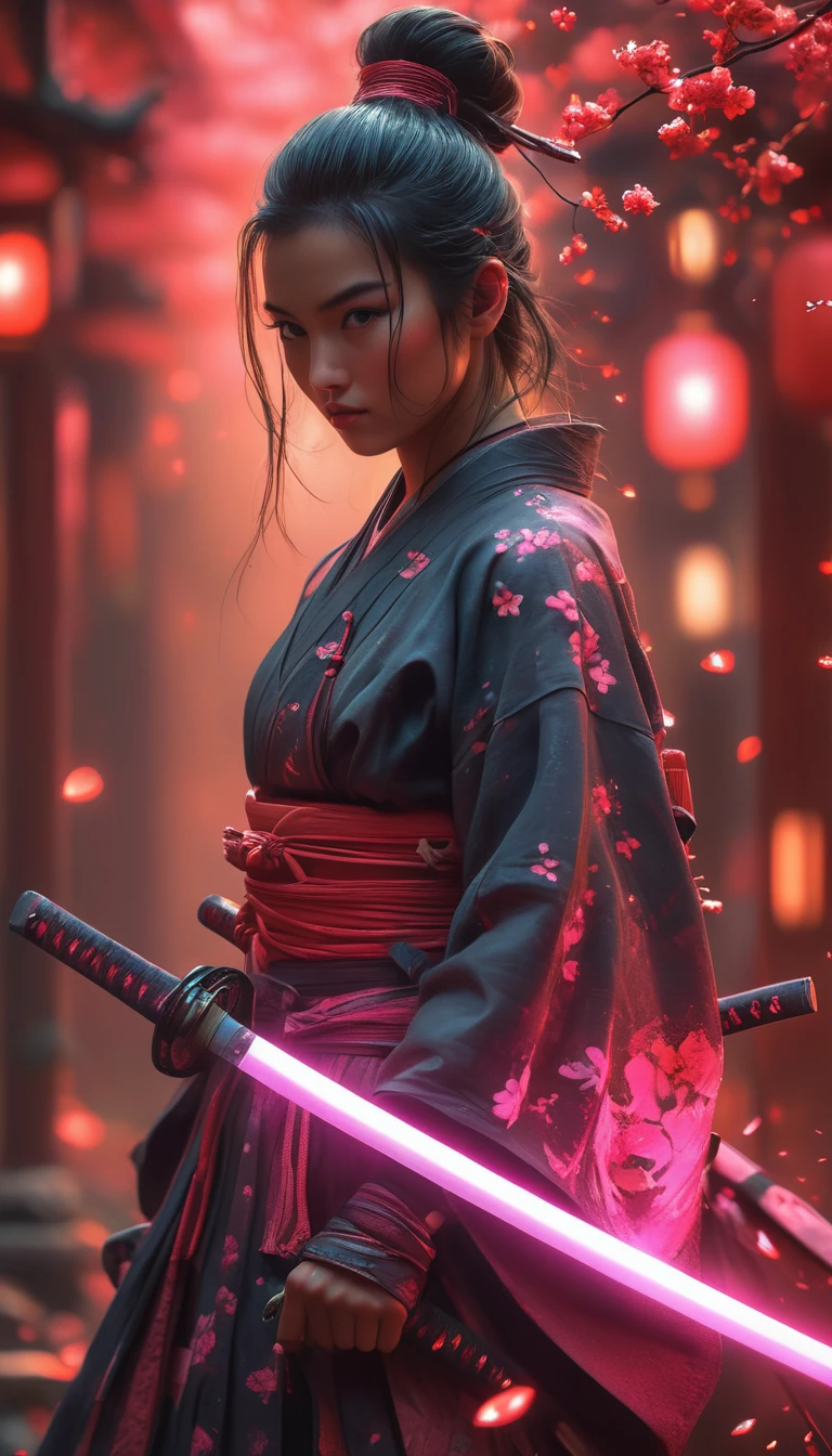 Samurai, 2 woman, Hyperrealism, very detailed skin, 4k,,, AshleyWoodArtAI,, katana profile picture, Organic painting, Evening, matte paint, Bold shapes, hard edges, street art, Trends in Artstation, By Huang Guangjian, Gil Elvgren y Sachin Teng, glow, katana