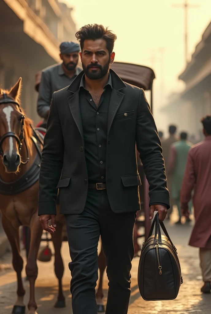 indian well dressed don is walking in the ghetto streets of india with his troops